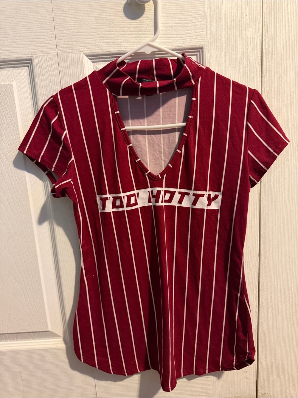 Women’s Red Stripe V-Neck Tee with 'Too Hotty' Print - Picture 1 of 2
